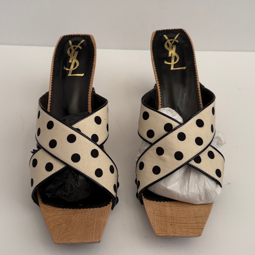 YSL Ivory & Black Lolita Dot Heeled Slides